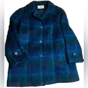 Vintage Plaid Wool Blend Pea Coat in Teal & Navy